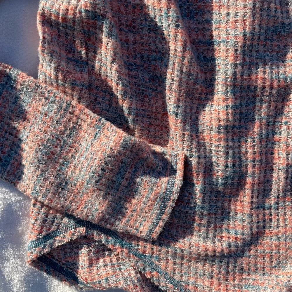 Free People Waffle Brushed Knit Sweater Orange and Teal Blue with Button Sleeves